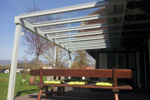 Glasüberdachung, Stobag, Terrassenbeschattung Glas, Aluminiumgestänge, Seeland, Biel, Murten, Münchenbuchsee